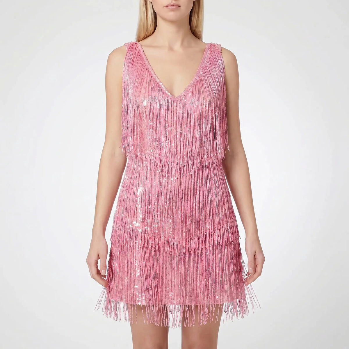 Women's Fringe Sequin Mini Party Dress - Pink