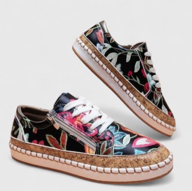 Women's Floral Platform Lace-Up Leather Trainers - Black Exotic