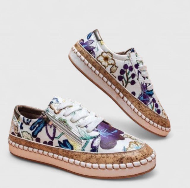 Women's Floral Platform Lace-Up Leather Trainers - Blue Flora
