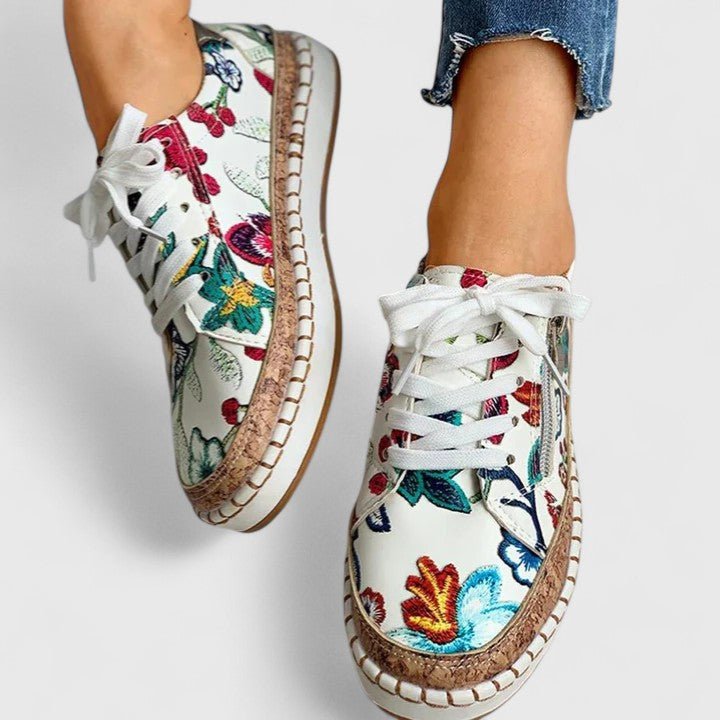 Women's Floral Platform Lace-Up Leather Trainers