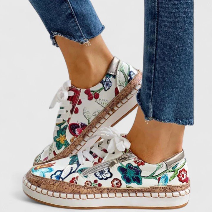 Women's Floral Platform Lace-Up Leather Trainers - Bella Flora