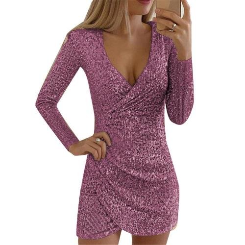 Women's Black Sequin Wrap Bodycon Mini Party Dress - Pink