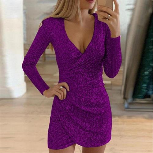 Women's Black Sequin Wrap Bodycon Mini Party Dress - Purple