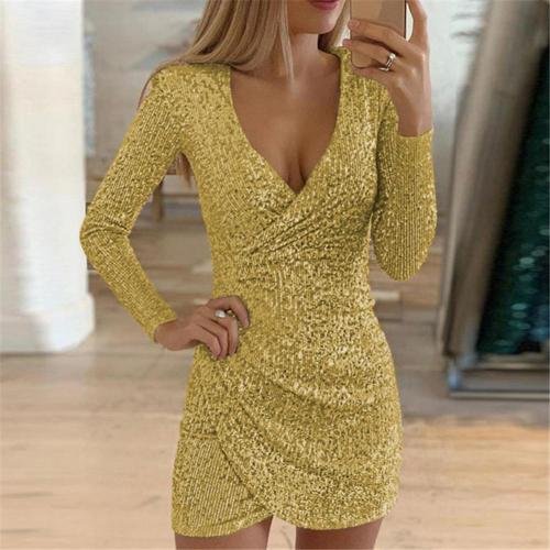 Women's Black Sequin Wrap Bodycon Mini Party Dress - Yellow