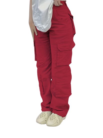 Women's High-Waisted Straight-Leg Cargo Trousers - Red