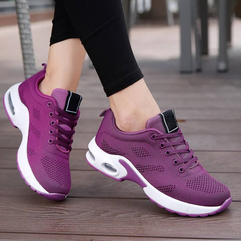 Women's Air Cushion Knit Lace-Up Platform Trainers - Purple