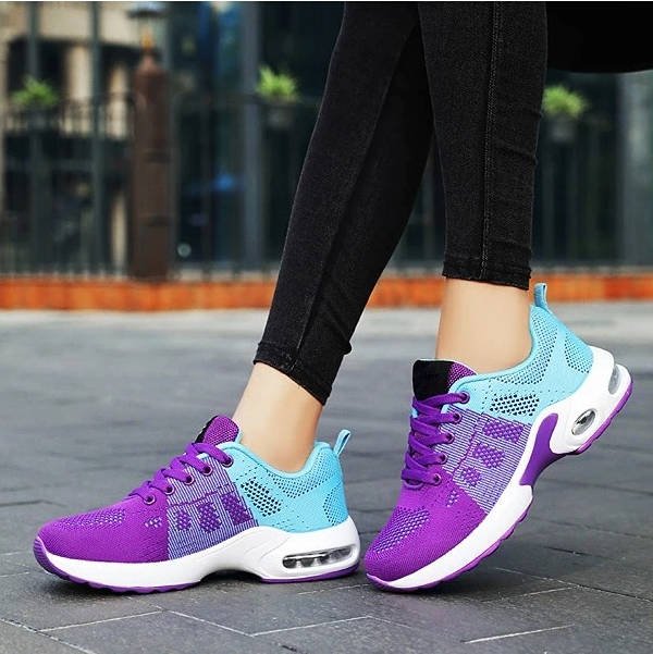 Women's Air Cushion Knit Lace-Up Platform Trainers - Purple Blue