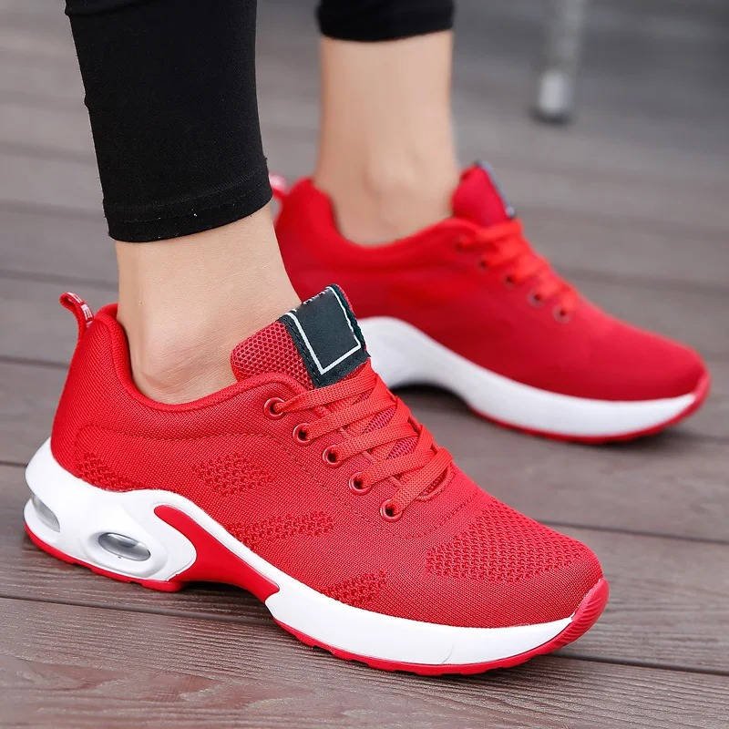 Women's Air Cushion Knit Lace-Up Platform Trainers - Red