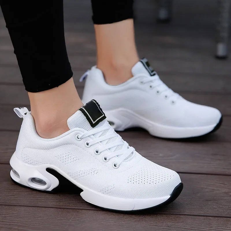 Women's Air Cushion Knit Lace-Up Platform Trainers - White