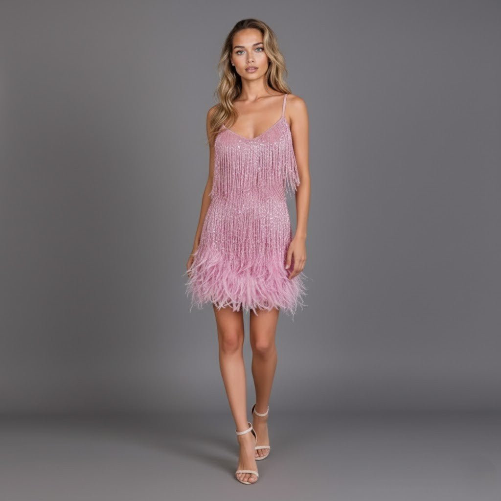 Women's Beaded Fringe Mini Party Dress - Pink