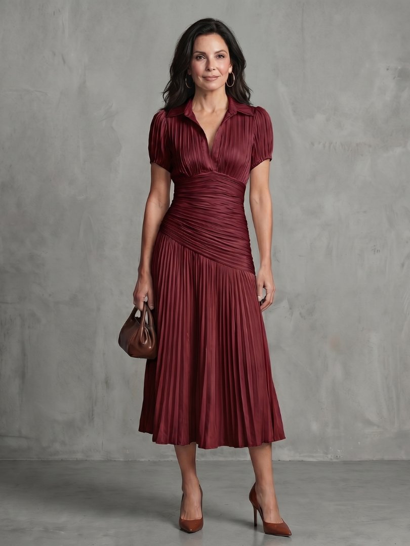 Women's Striped Satin Midi Party Dress - Red