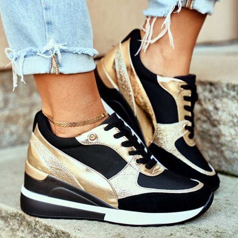 Women's Wedge Lace-Up Platform Trainers - Gold / 2