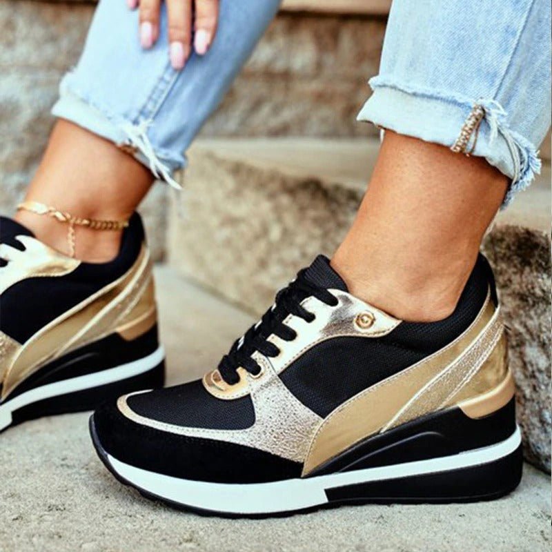 Women's Wedge Lace-Up Platform Trainers - Gold / 3