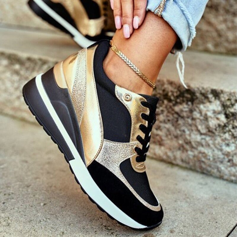 Women's Wedge Lace-Up Platform Trainers - Gold / 6