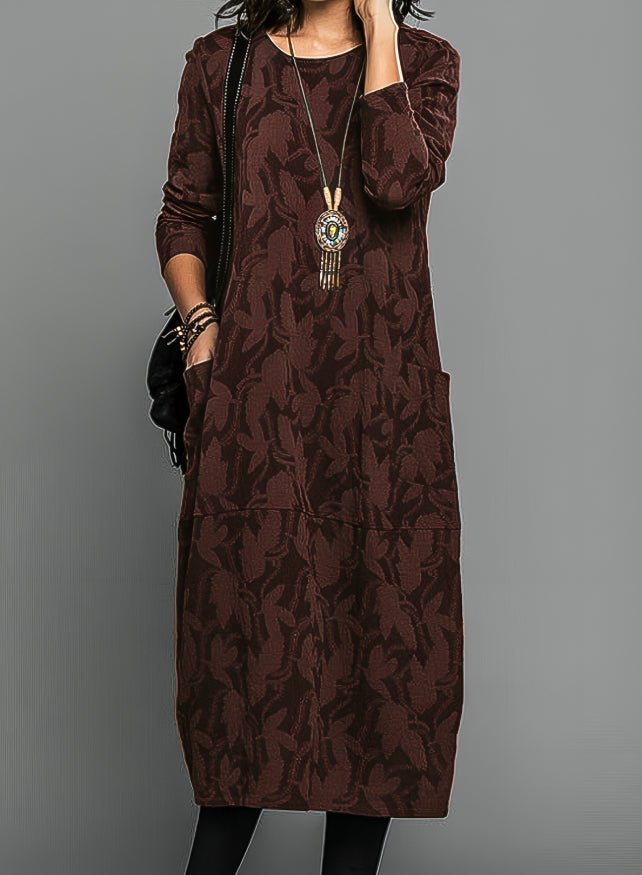 Women's Floral Long Sleeve Midi Dress - Brown