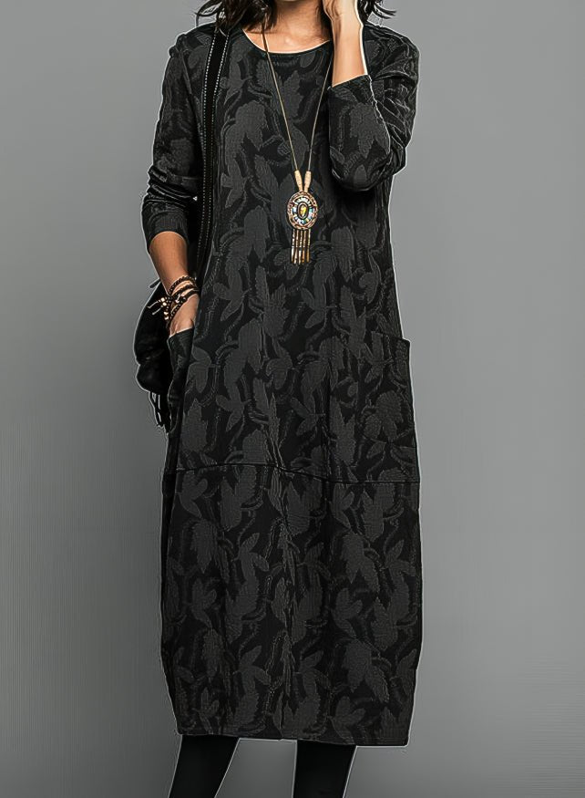 Women's Floral Long Sleeve Midi Dress - Black