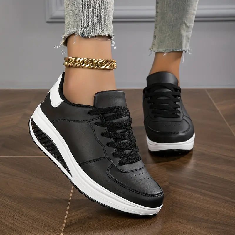 Women's Platform Wedge Lace-Up Leather Trainers - Black
