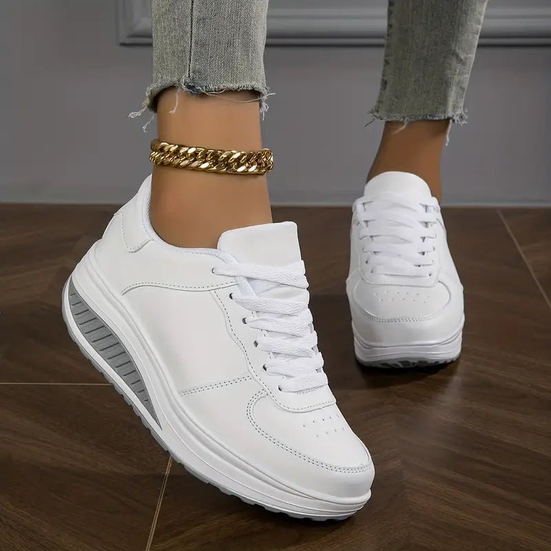 Women's Platform Wedge Lace-Up Leather Trainers - White