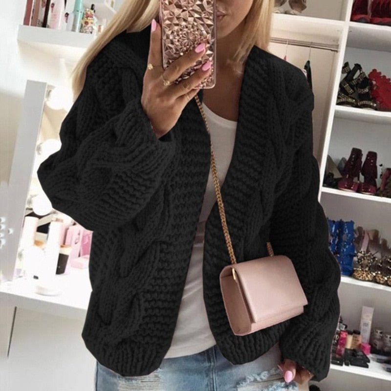 Women's Chunky Oversized Cable Knit Cardigan - Black