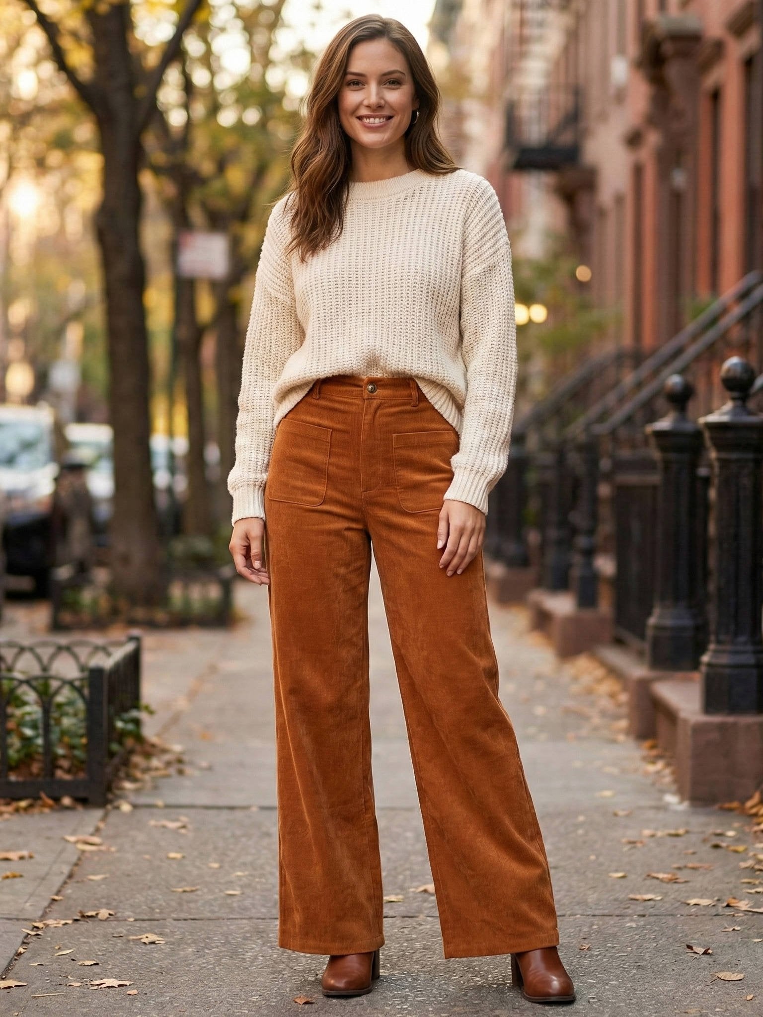 Women's High-Waisted Corduroy Wide-Leg Trousers - Brown