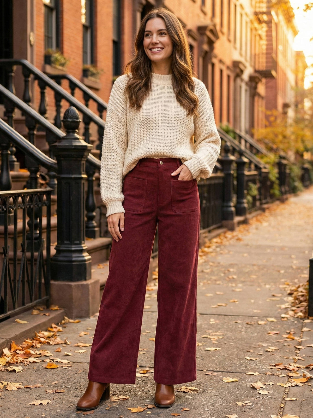 Women's High-Waisted Corduroy Wide-Leg Trousers - Burgundy