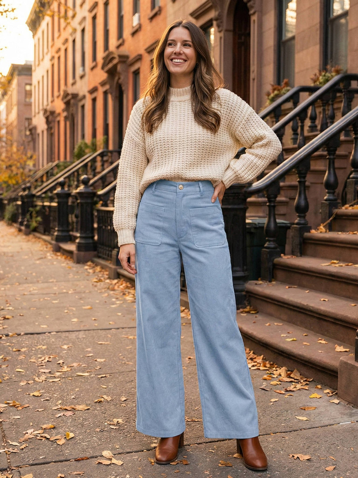 Women's High-Waisted Corduroy Wide-Leg Trousers - Light Blue