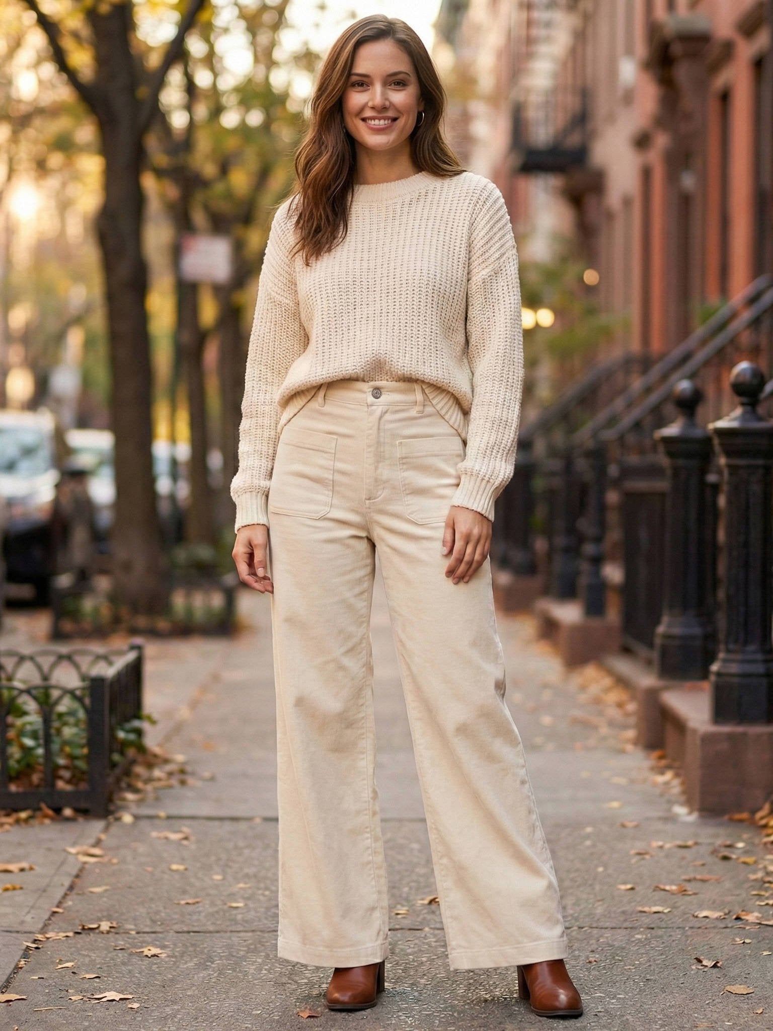 Women's High-Waisted Corduroy Wide-Leg Trousers - Apricot