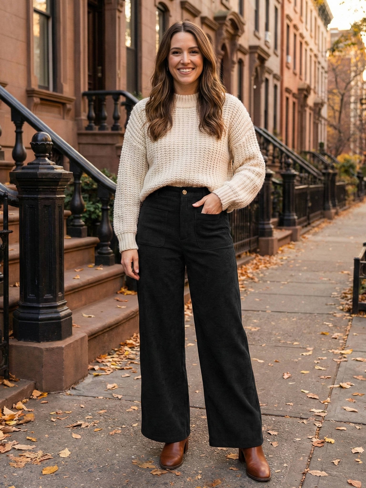 Women's High-Waisted Corduroy Wide-Leg Trousers - Black