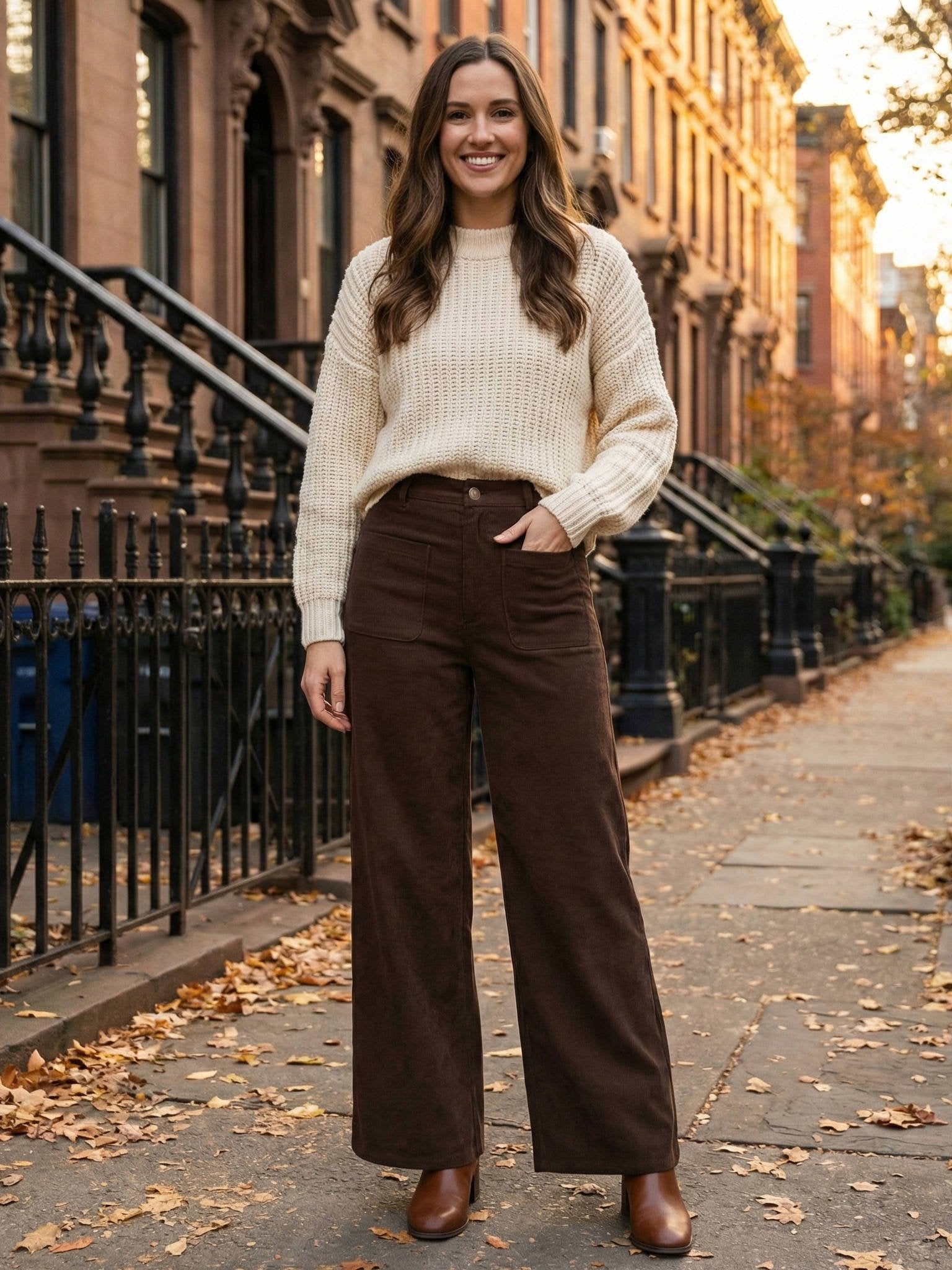 Women's High-Waisted Corduroy Wide-Leg Trousers - Coffee Brown