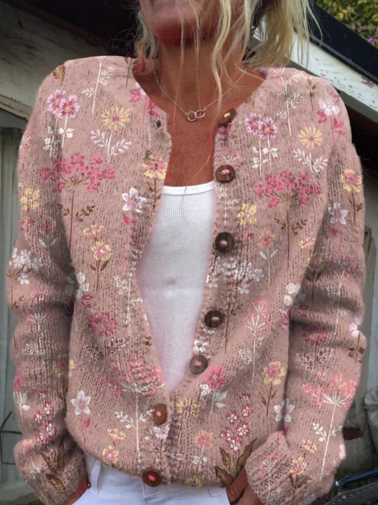 Women's Chunky Floral Knit Cardigan - Pink