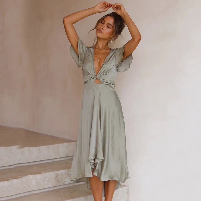 Women's Cocktail Satin Wrap Midi Party Dress