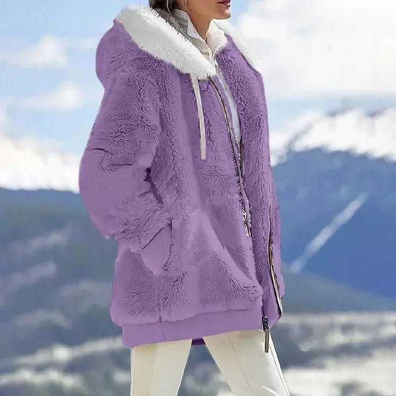 Women's Oversized Striped Hooded Faux Fur Jacket - Lilac