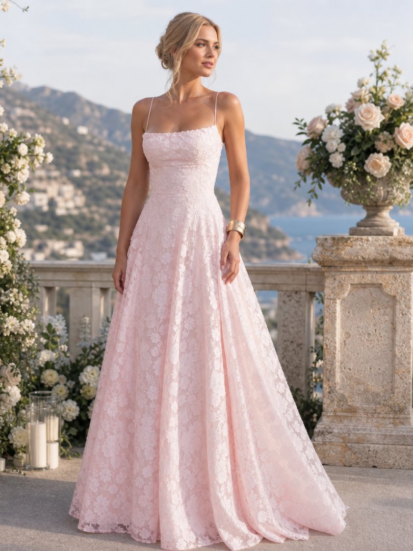 Women's Floral Evening Lace Party Gown - Pink