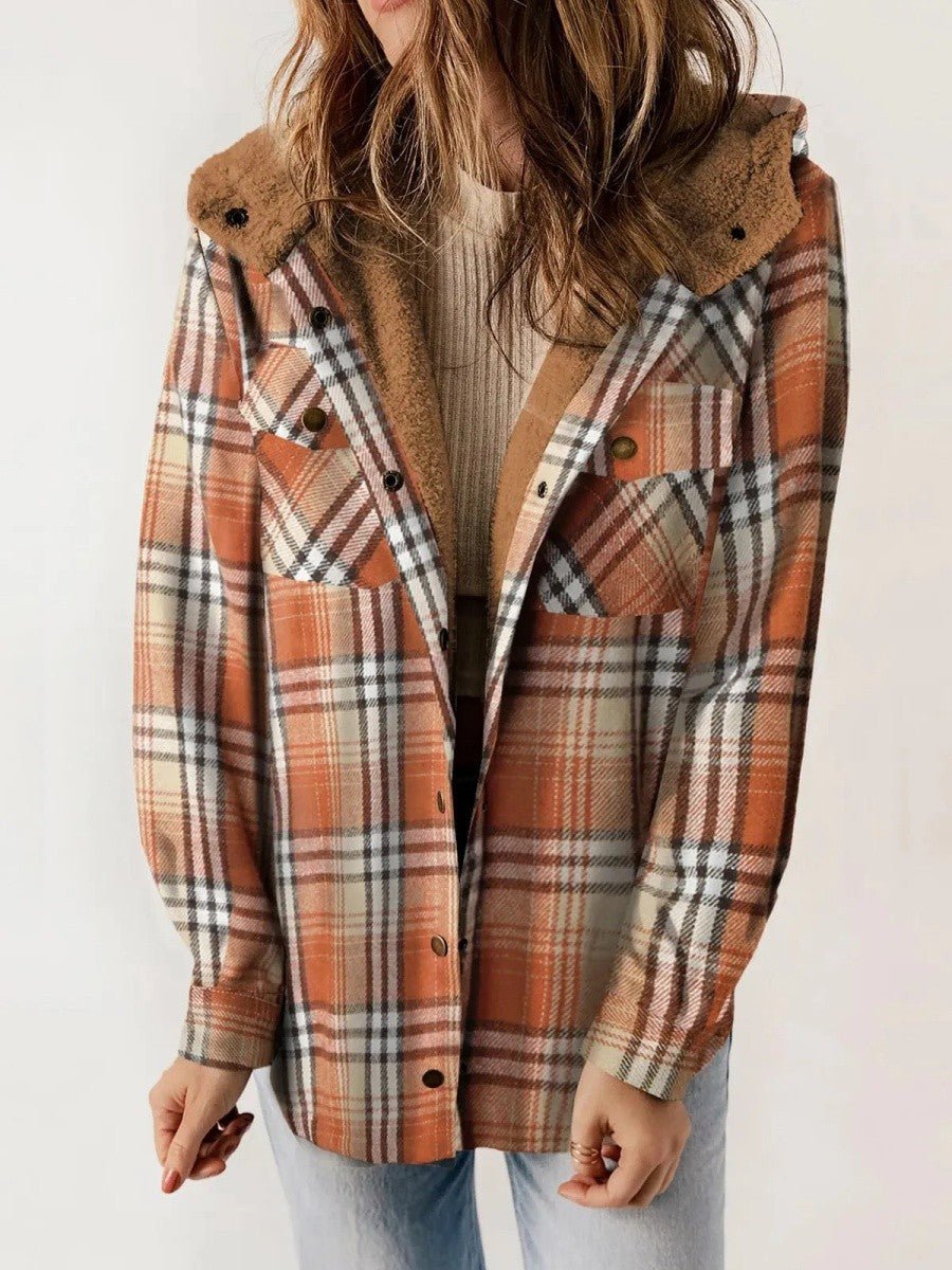 Women's Oversized Plaid Hooded Teddy Shirt Jacket - Brown