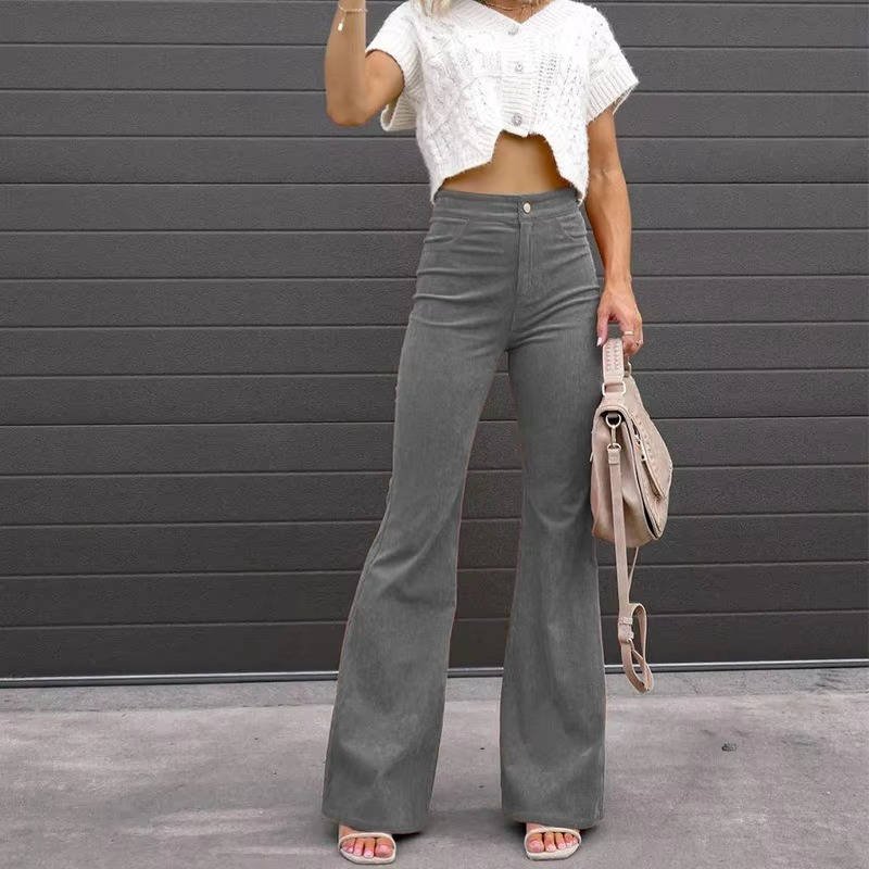 Women's High-Waisted Corduroy Flare Trousers - Gray