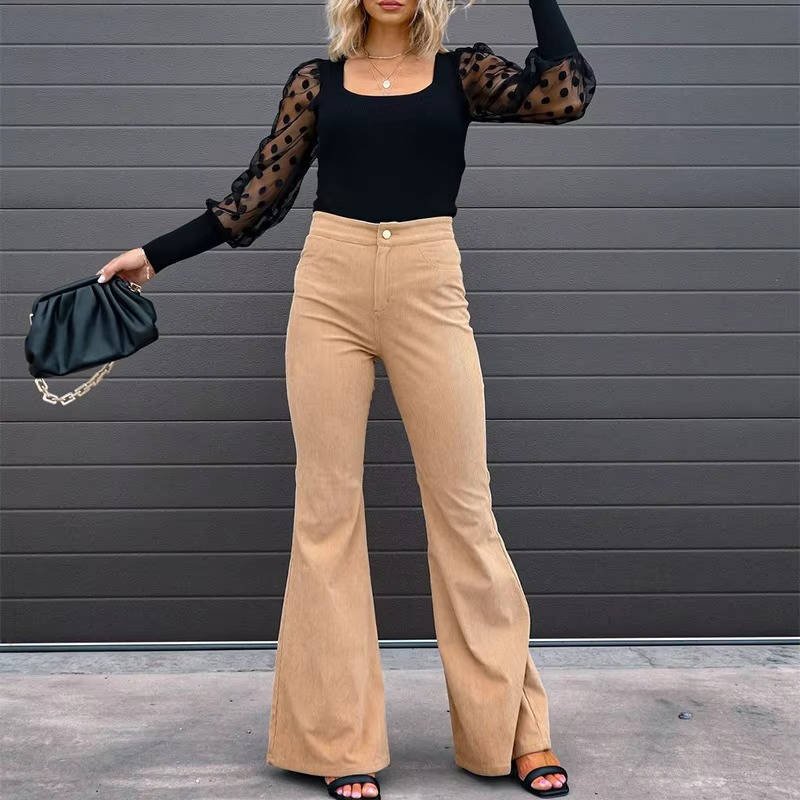 Women's High-Waisted Corduroy Flare Trousers - Khaki
