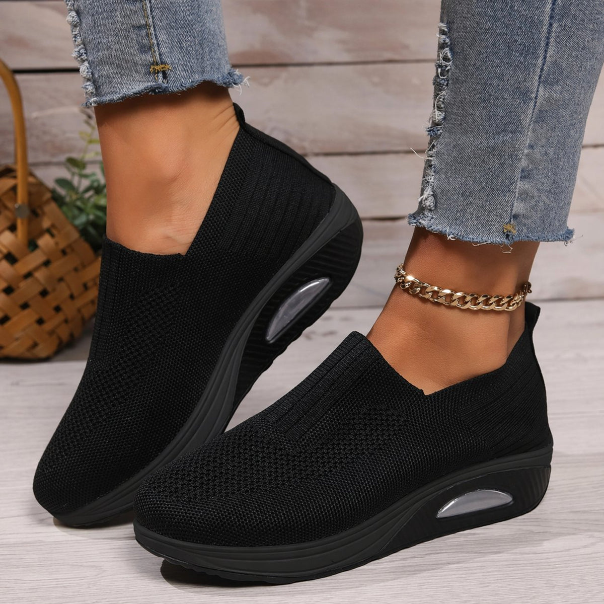 Women's Chunky Knit Platform Slip-On Wedge Trainers - Black