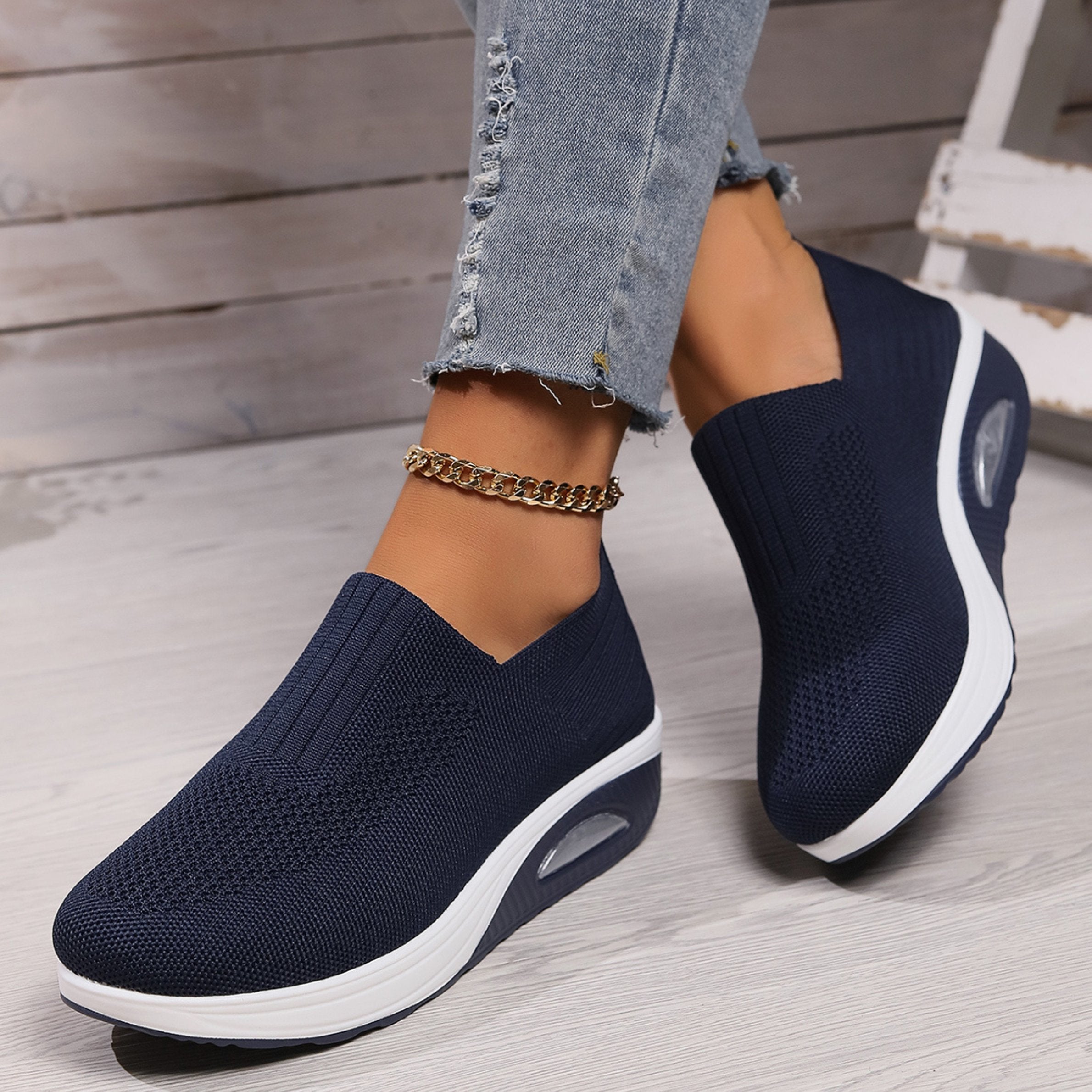 Women's Chunky Knit Platform Slip-On Wedge Trainers - Dark Blue