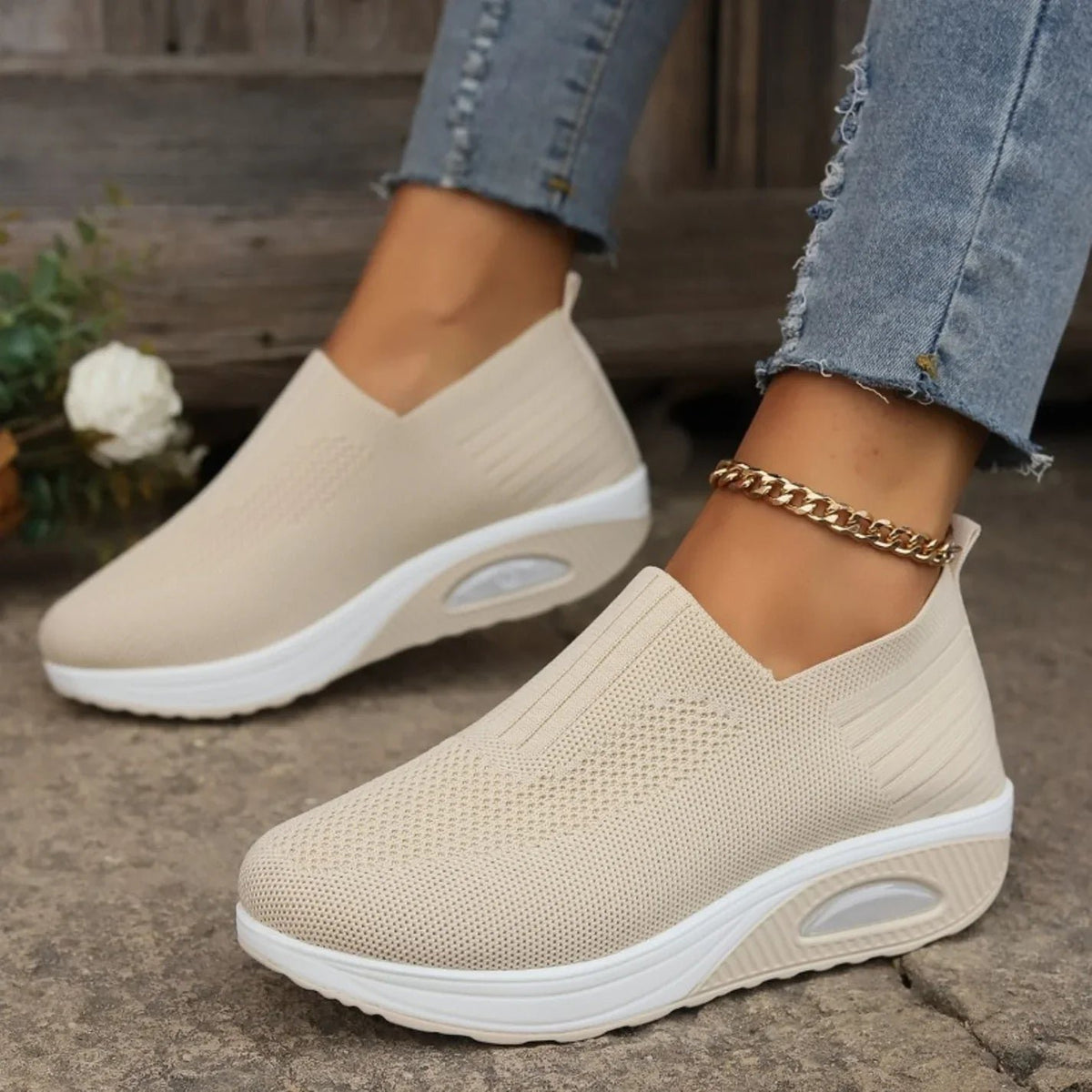 Women's Chunky Knit Platform Slip-On Wedge Trainers - Beige