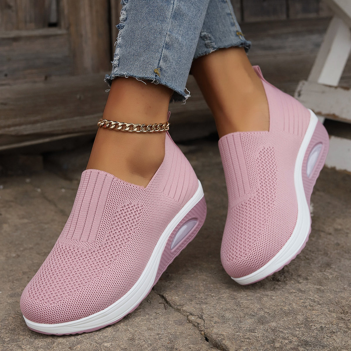 Women's Chunky Knit Platform Slip-On Wedge Trainers - Pink