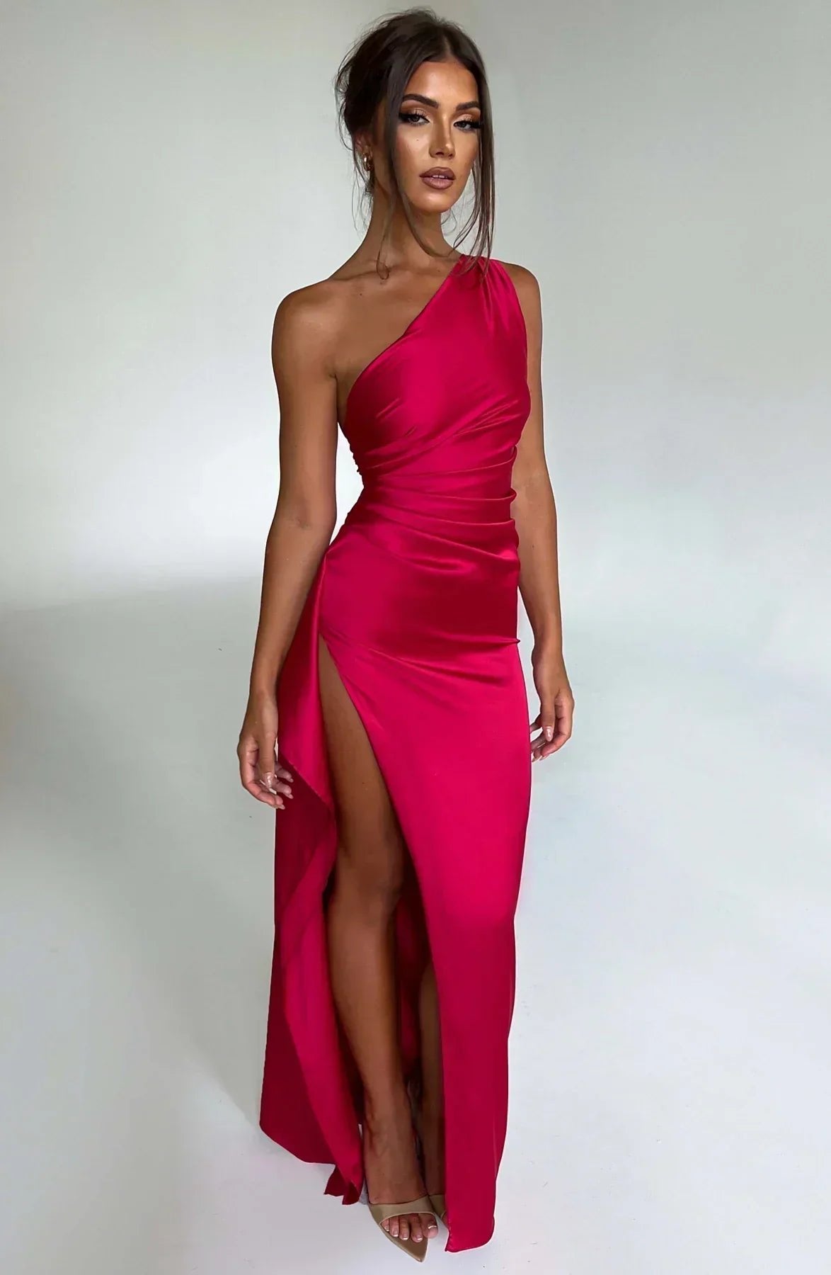 Women's Satin One-Shoulder Bodycon Maxi Party Gown - Red