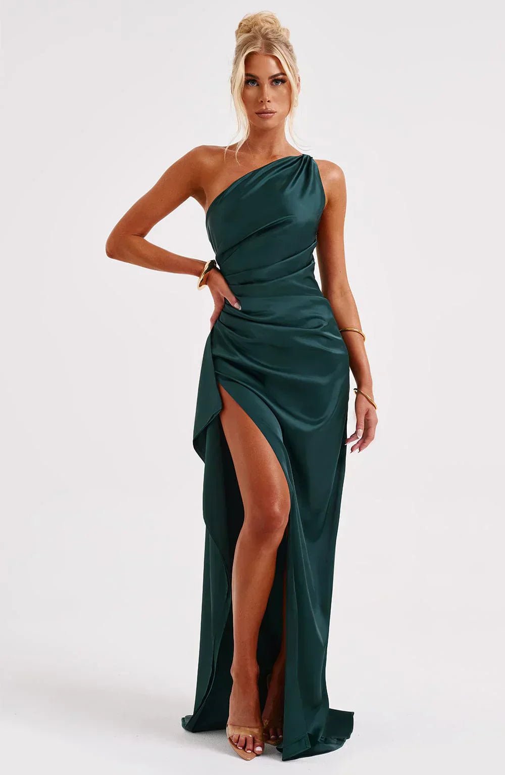 Women's Satin One-Shoulder Bodycon Maxi Party Gown - Dark Teal Green