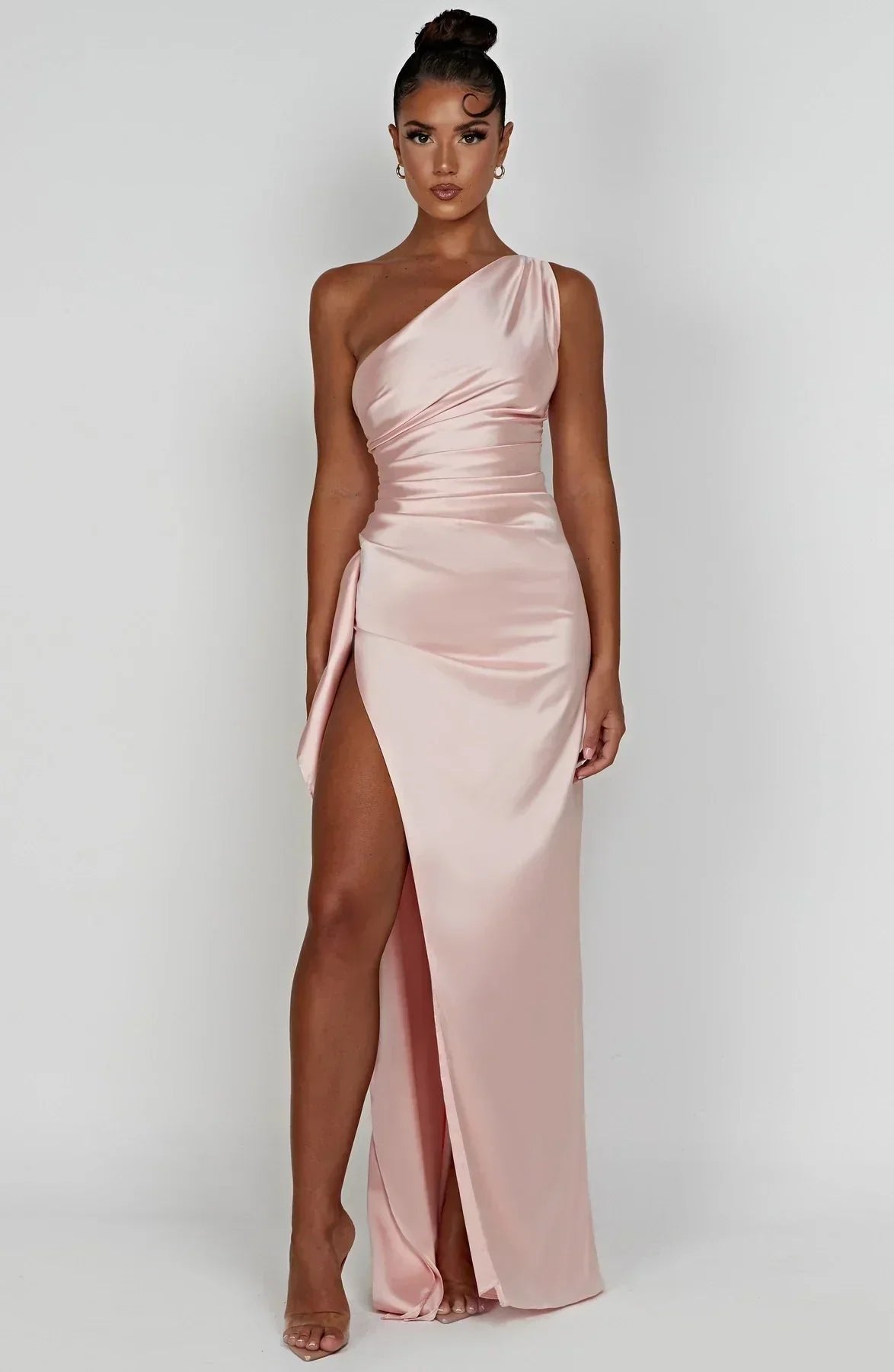 Women's Satin One-Shoulder Bodycon Maxi Party Gown - Pink