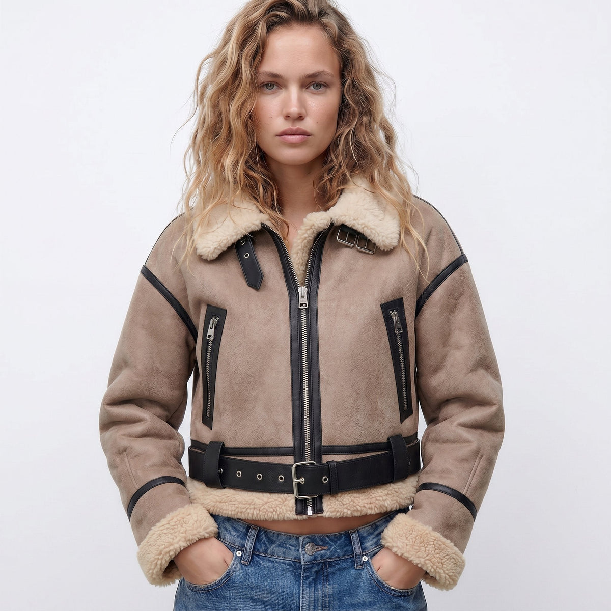 Women's Cropped Faux Leather Aviator Belted Shearling Jacket - Khaki