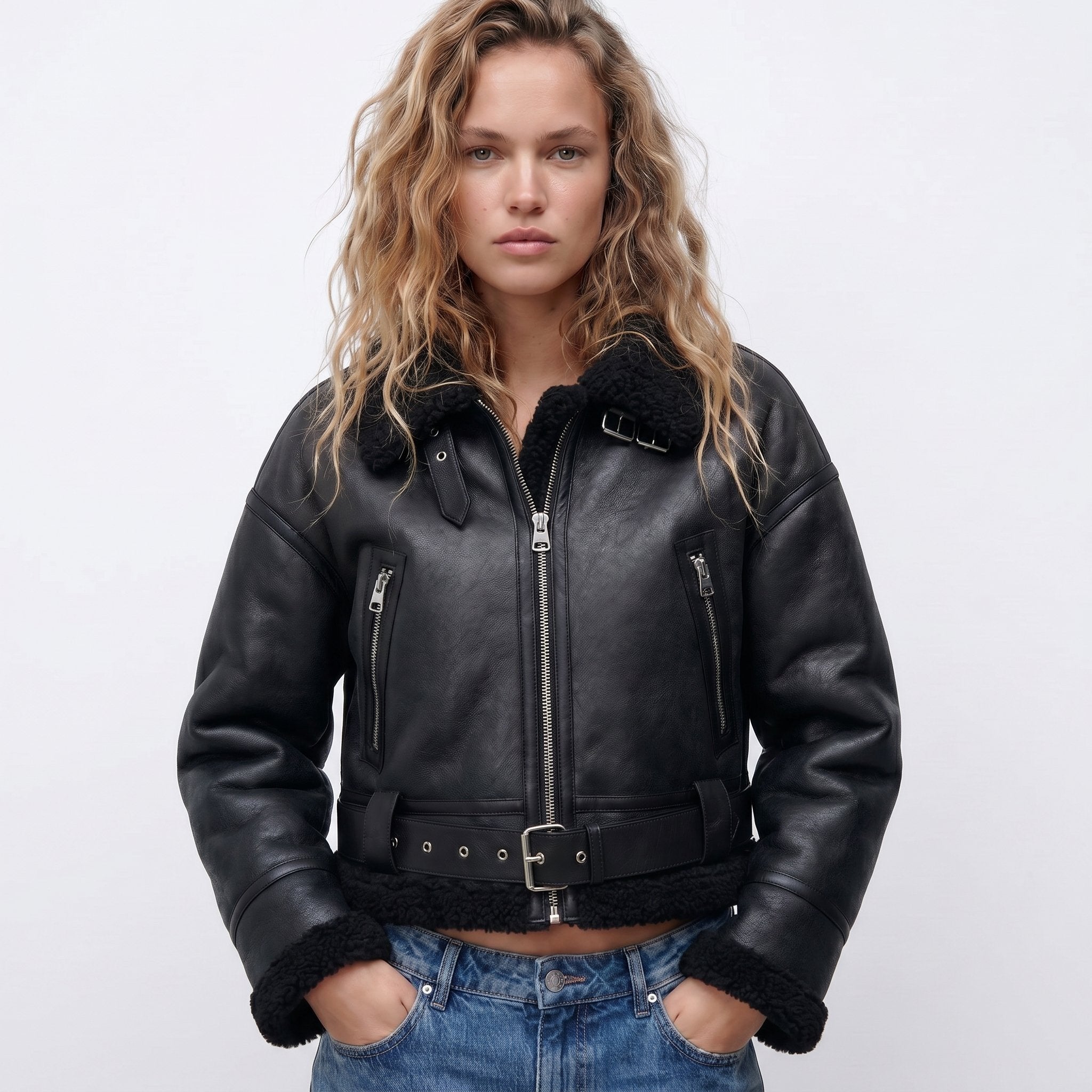 Women's Cropped Faux Leather Aviator Belted Shearling Jacket - Black