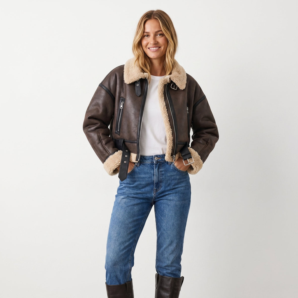 Women's Cropped Faux Leather Aviator Belted Shearling Jacket