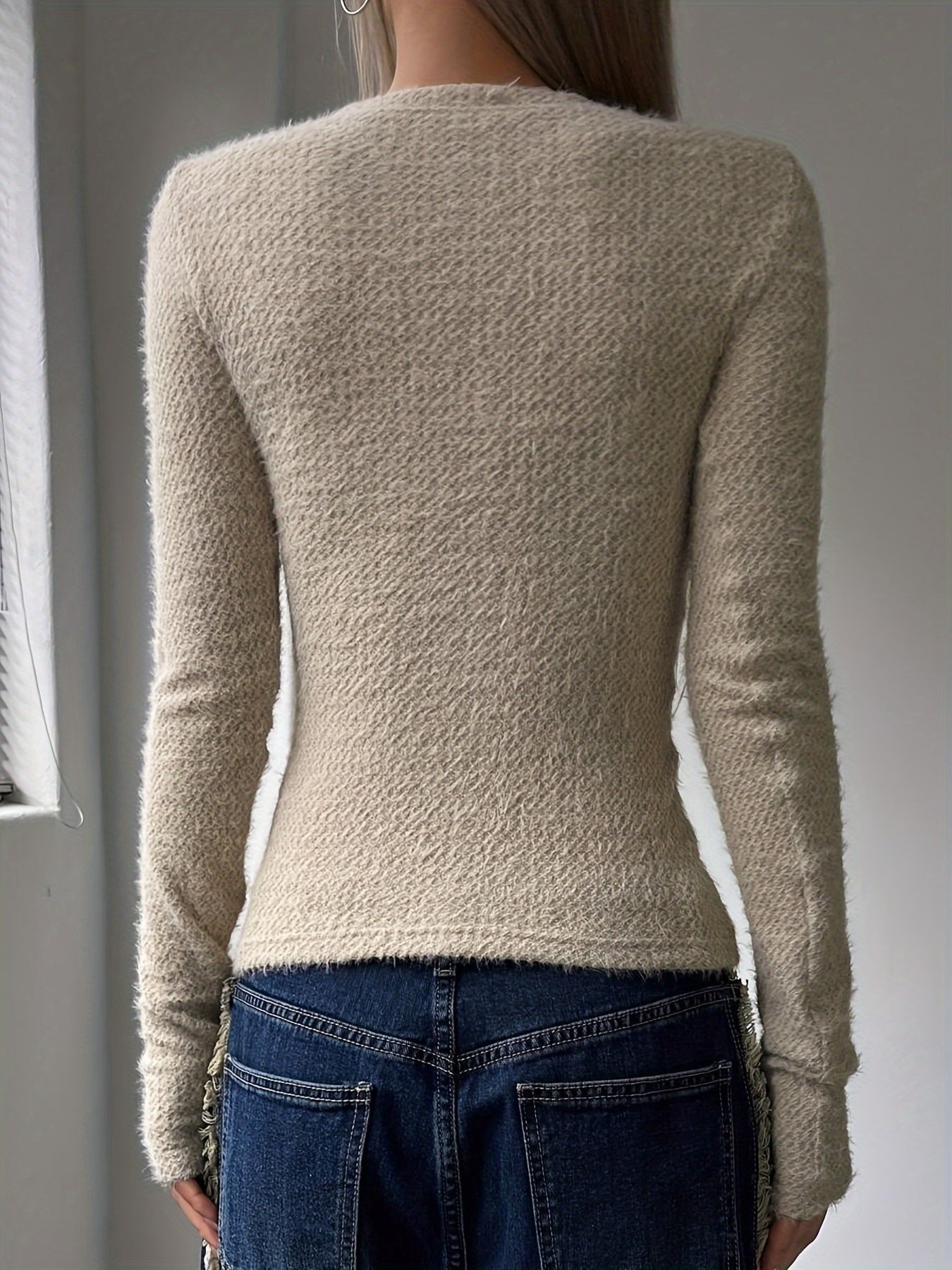 Women's Cropped Slim Long Sleeve Knit Top - Khaki