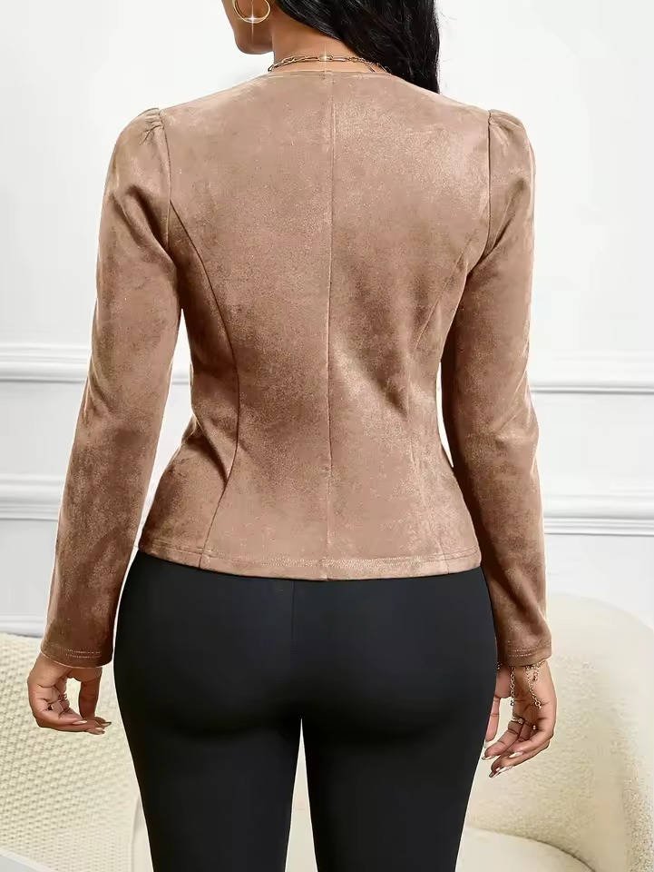 Women's Faux Suede Collarless Cropped Blazer