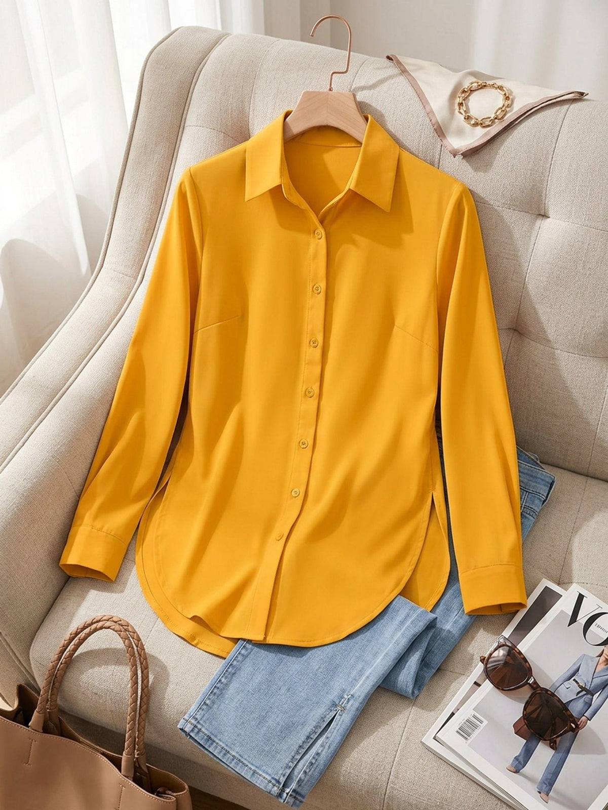 Women's Longline Button-Up Shirt - Champagne
