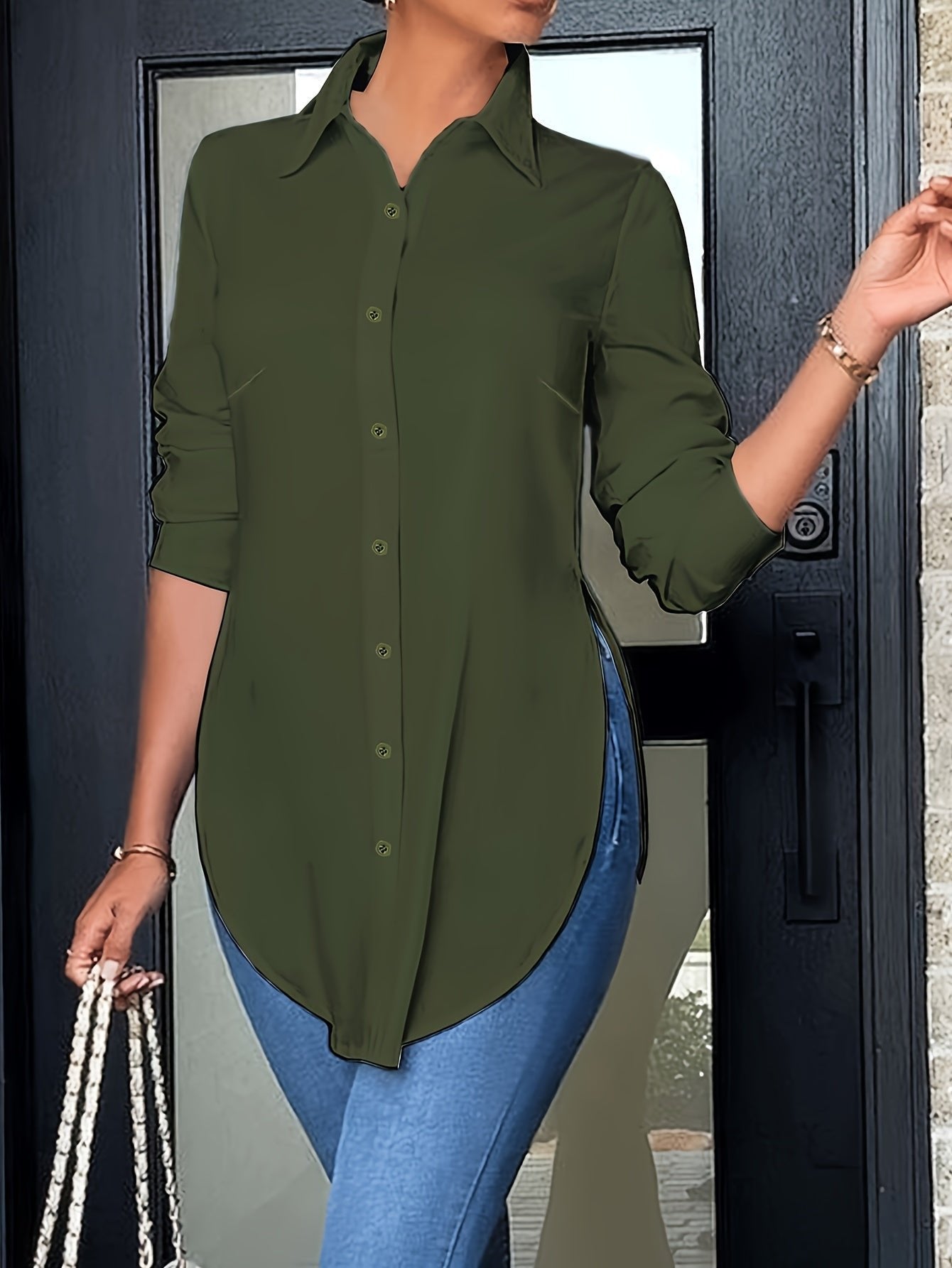 Women's Longline Button-Up Shirt - Bright Steel Blue